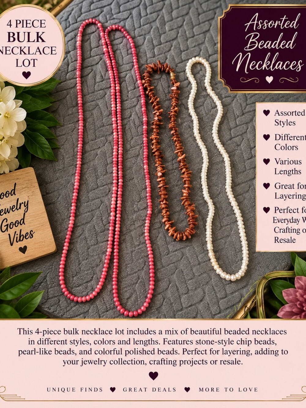 Assorted Beaded Necklace Set – Pink, Brown, White